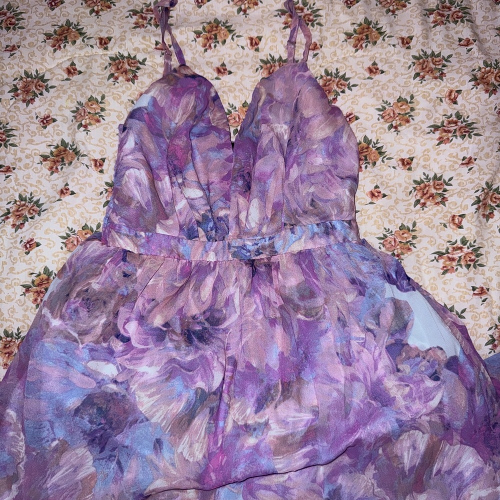 Lulu's Floral Purple Multi Chiffon Spaghetti-Strap Dress